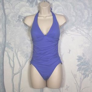NWOT Defect DKNY Blue Halter Ruched One-Piece Swim